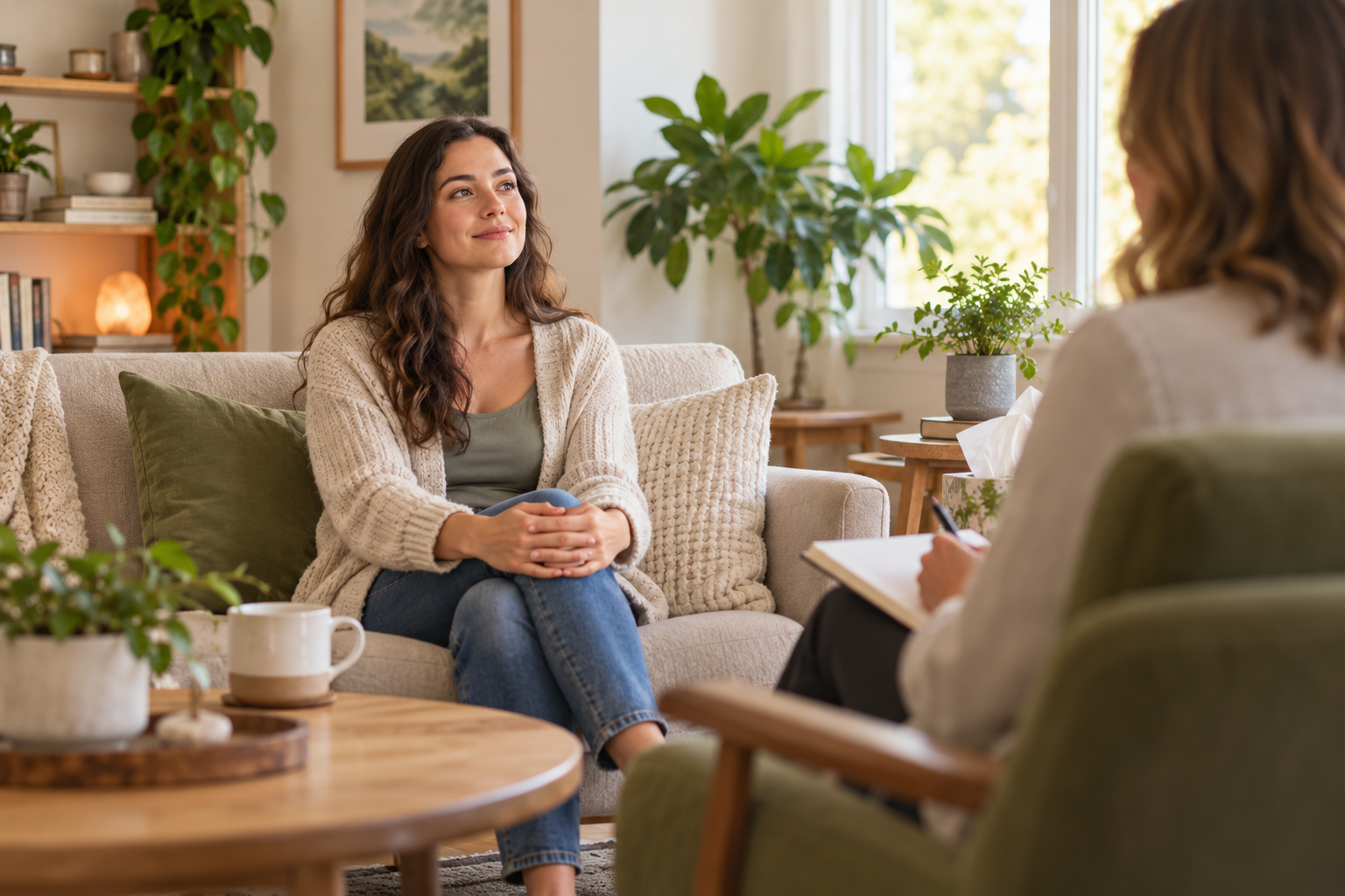 Woman relaxing on a sofa during a calm anxiety therapy session with her therapist